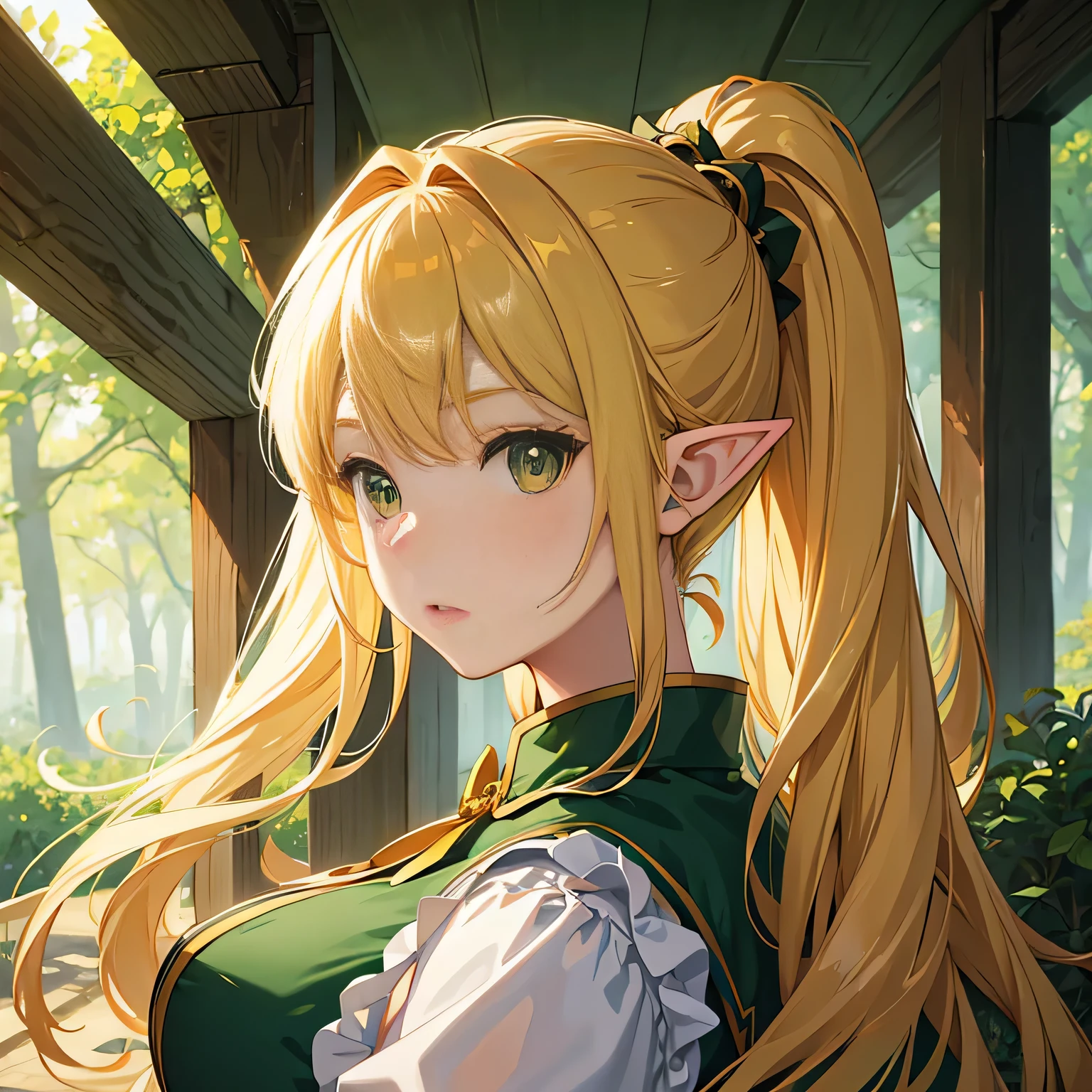 anime, young girl, alone, golden hair, ponytail, green eyes, model, beautiful, Half Body Portrait, ta, big breasts , forest , goblin