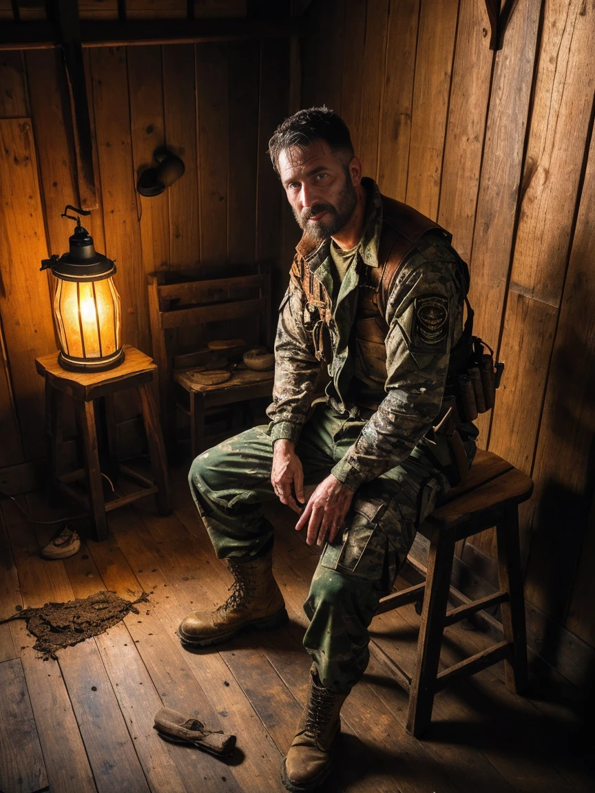 front view, man 38 years old as armed mercenary, sitting on a wooden stool, strong sweaty and stained with mud body, camouflage makeup on his face, wearing an old dirty military vest, old military pants, lace-up military boots, old dirty wooden floor, dark interior of a wooden barracks without windows, dark atmosphere, old torn posters on the walls, garbage on the floor, lamp light of one lamp from above, raytracing, photorealistic, Dark