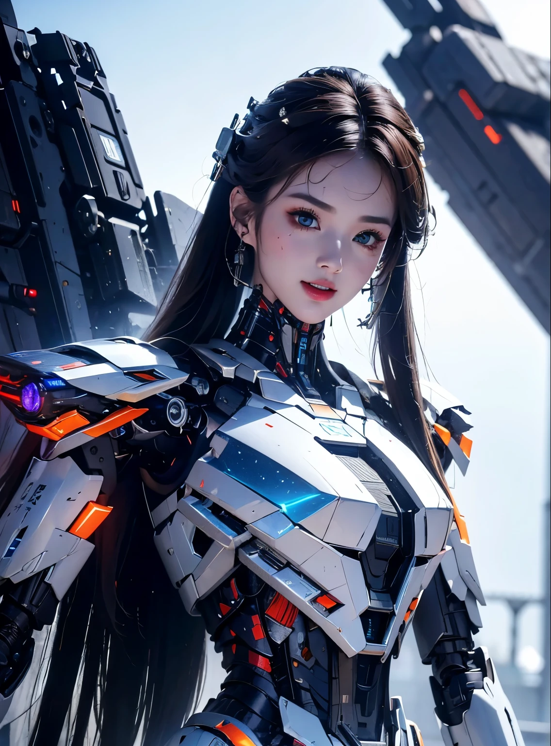 rough skin, Super detailed, advanced details, high quality, better quality, High resolution, 1080P, hard disk, beautiful,(Iron Patriot),beautifulサイボーグの女性,Mecha cyborg ,battle mode, with mechanical body,She wears a futuristic Iron Patriot mech,full body shot