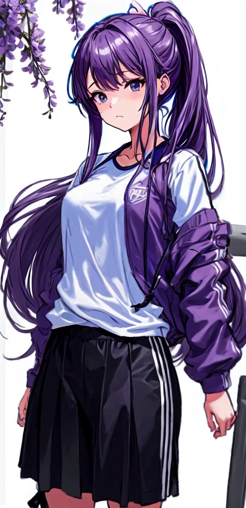 Her long wisteria purple hair is tied into a ponytail with a pale pink ribbon.、Beautiful woman with mature features。white gym uniform。dark blue buruma。school playground。