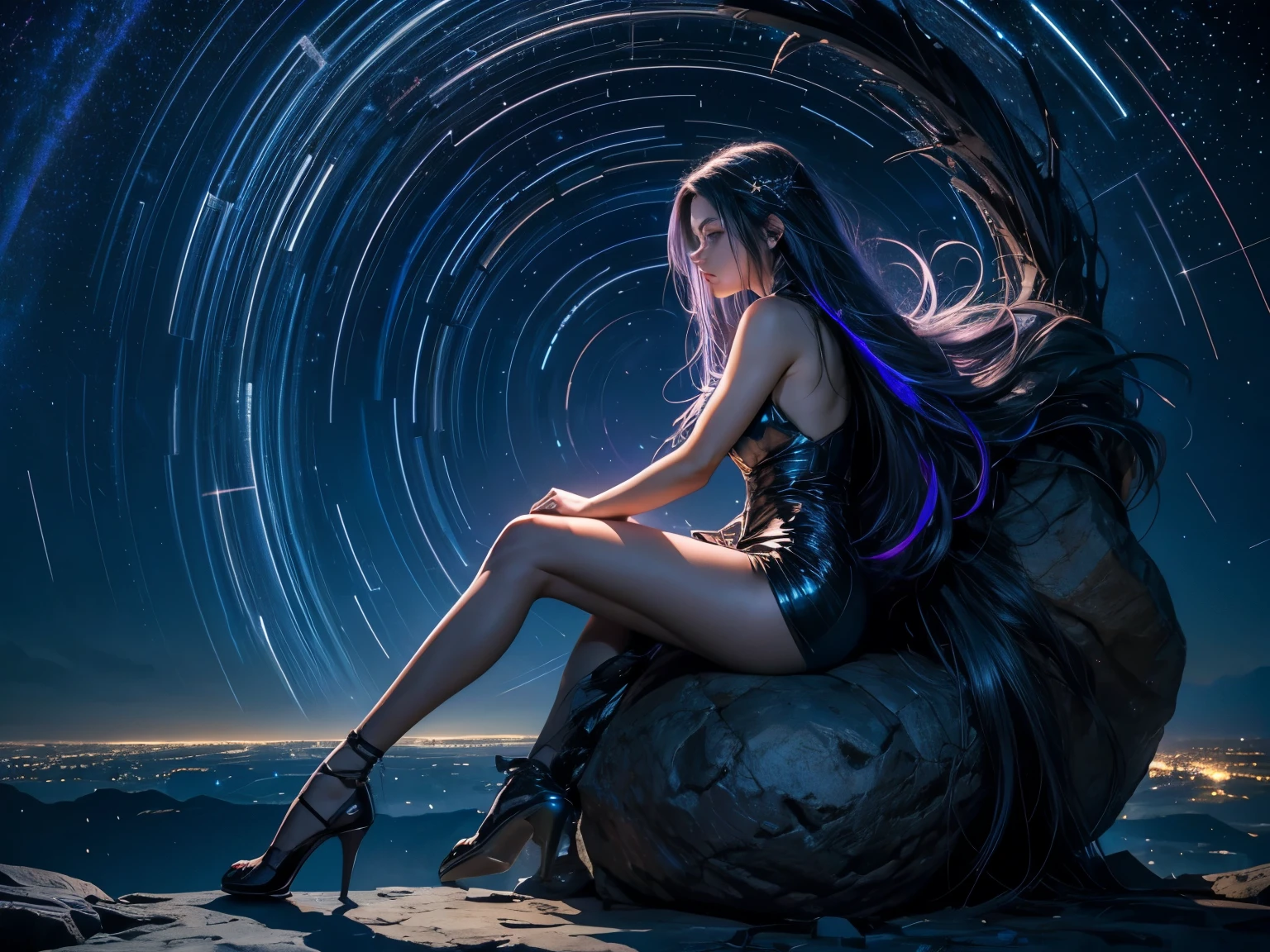 (starry sky, shooting stars, galaxy, space),(rotating star trails:1.4),(long exposures:1.3),
(full body, sitting, girl with long hair, night sky colors:1.2),
(bare legs),(Witch costume),
(from side),(wide shot),
(The star she is sitting on is a giant, glowing blue star),
As she sits on a giant, glowing blue star, the girl gazes out at the vast expanse of the starry night sky. The colors of the night sky are deep and rich, with a blend of dark blues and purples mimicking the depths of space. Shooting stars dart across the sky, briefly illuminating the darkness and adding to the magical atmosphere. The galaxy stretches out before her, offering a dizzying display of stars and nebulas. The girl's long hair flows in the gentle breeze as she takes in the breathtaking view around her.
lam_style,colorful_hair,hiqcgbody,masterpiece, best quality,