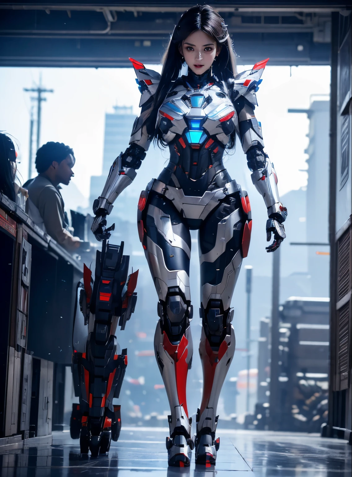 rough skin, Super detailed, advanced details, high quality, better quality, High resolution, 1080P, hard disk, beautiful,(Iron Patriot),beautifulサイボーグの女性,Mecha cyborg ,battle mode, with mechanical body,She wears a futuristic Iron Patriot mech,full body shot