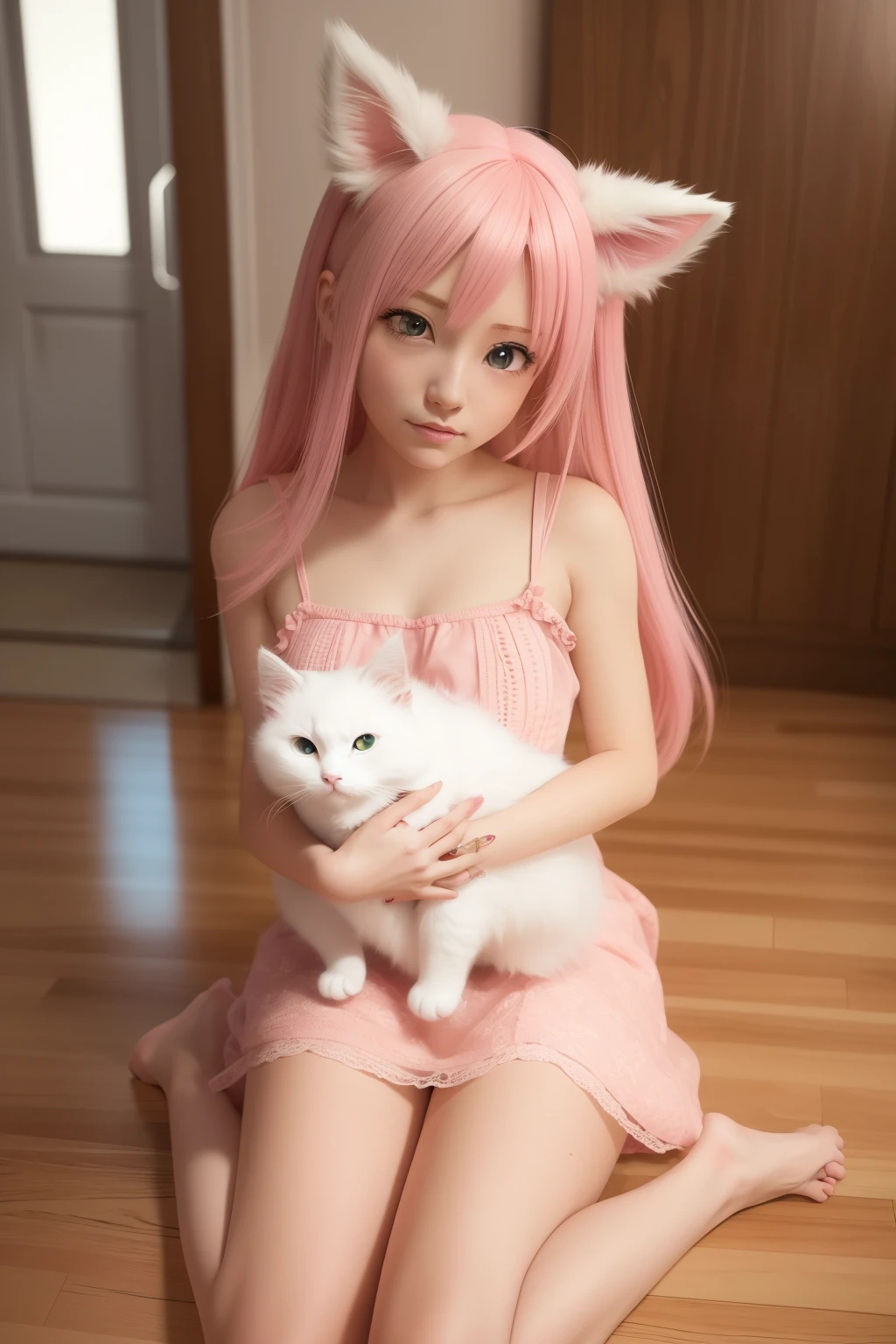 naked pretty girl with pink hair and cat ears