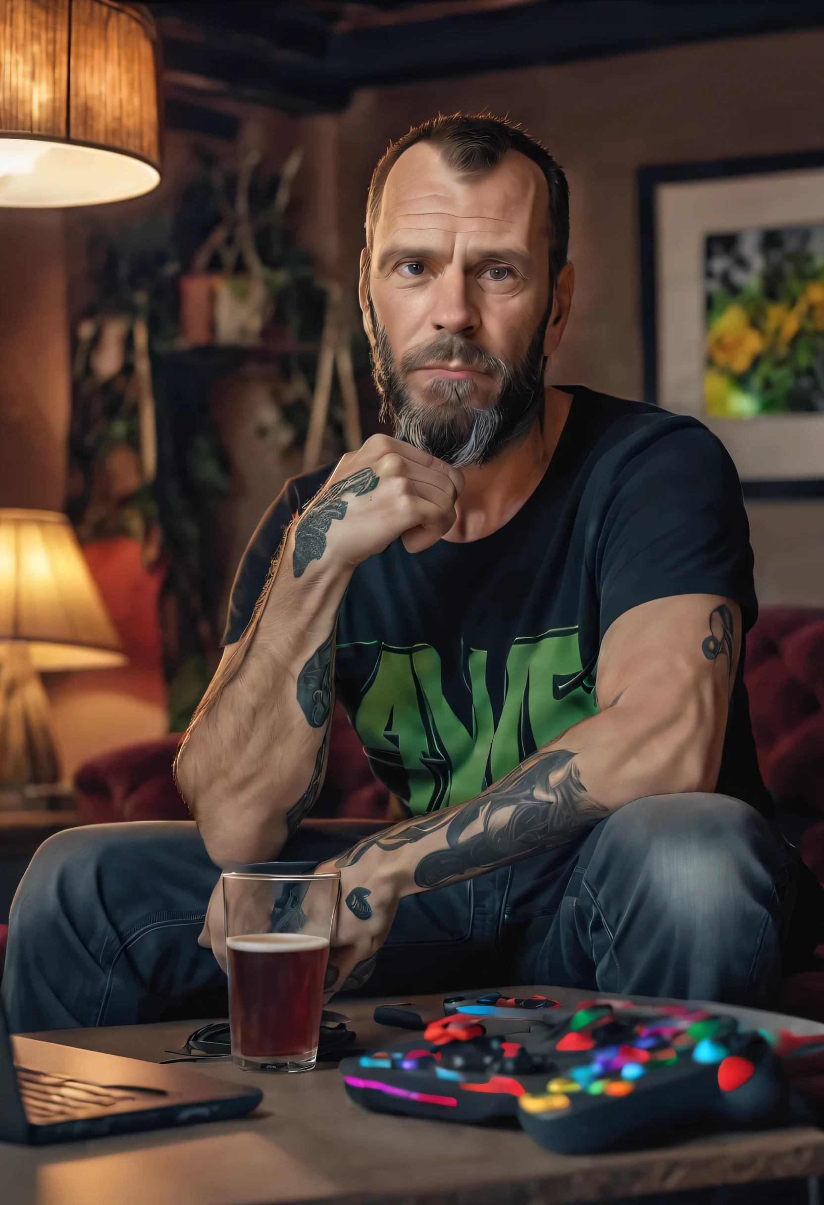 (((highly detailed, best quality)), ((4k, UHD, HDR, photorealistic, highres)), at night), a man, Jack, 43 Years of Age with black t-shirt, detailed room, playing xbox, vivid colours, detailed face, detailed skin, realistic detailed , detailed body