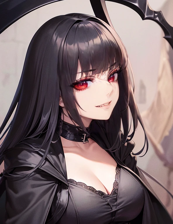 (Best quality, 4k, Masterpiece :1.3, 8k, ultra-detailed, ultra-masterpiece), mature pretty woman, ultra-detailed face, detailed lips, full lips, detailed eyes, double eyelid, Black hood, Hiding face, Glimpse of macabre smile, sinister, Dangerous girl, Hooded woman, (((Dungeon, Dark Dungeon, Dungeon Background))) villainous look, evil look, (((holding a scythe))), ((Red Eyes, black hair)), ((((Black cloak covering the body)))), full body view, (((tall girl)))