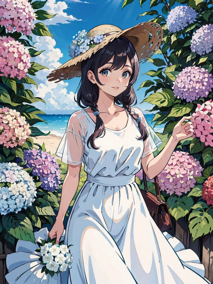(melhor qualidade, obra de arte),ensolarado，Lente larga，(Cabelo castanho longo)， bonita animada com cabelo castanho longo，with a straw hat，Um grande sorriso，vestindo uma camiseta laranja，Holding a bouquet of hydrangeas，There are a lot of hydrangeas around，Full of hydrangeas，colorida