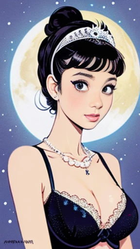 color illustration, queen of Moon, pure female, (similar to Audrey Hepburn:1.3),  wearing black lace brassiere, long loincloth, pearl tiara, pearl necklace. looking at viewer compassionately, symmetric face, symmetric eyes, small bust, narrow waist, thin abs, thin throughs, under the moon, Japanese comic art style, art by Osamu Tezuka