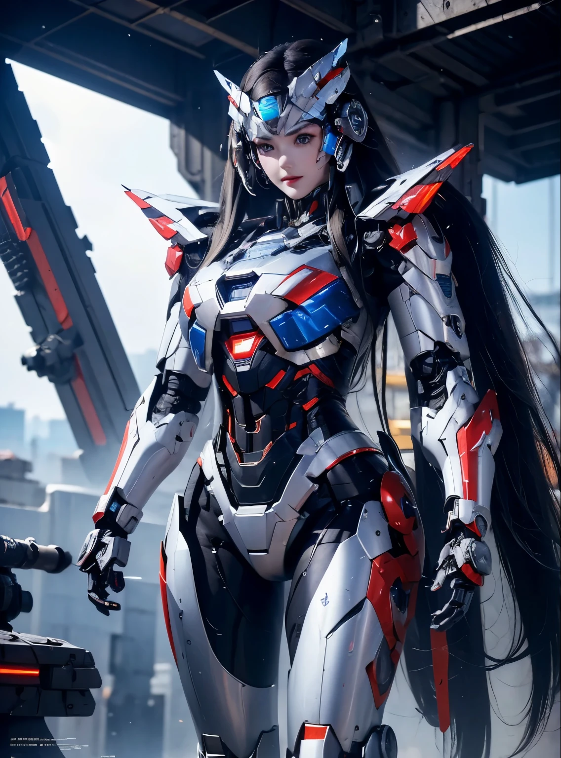 rough skin, Super detailed, advanced details, high quality, better quality, High resolution, 1080P, hard disk, beautiful,(Iron Patriot),beautifulサイボーグの女性,Mecha cyborg ,battle mode, with mechanical body,She wears a futuristic Iron Patriot mech,full body shot