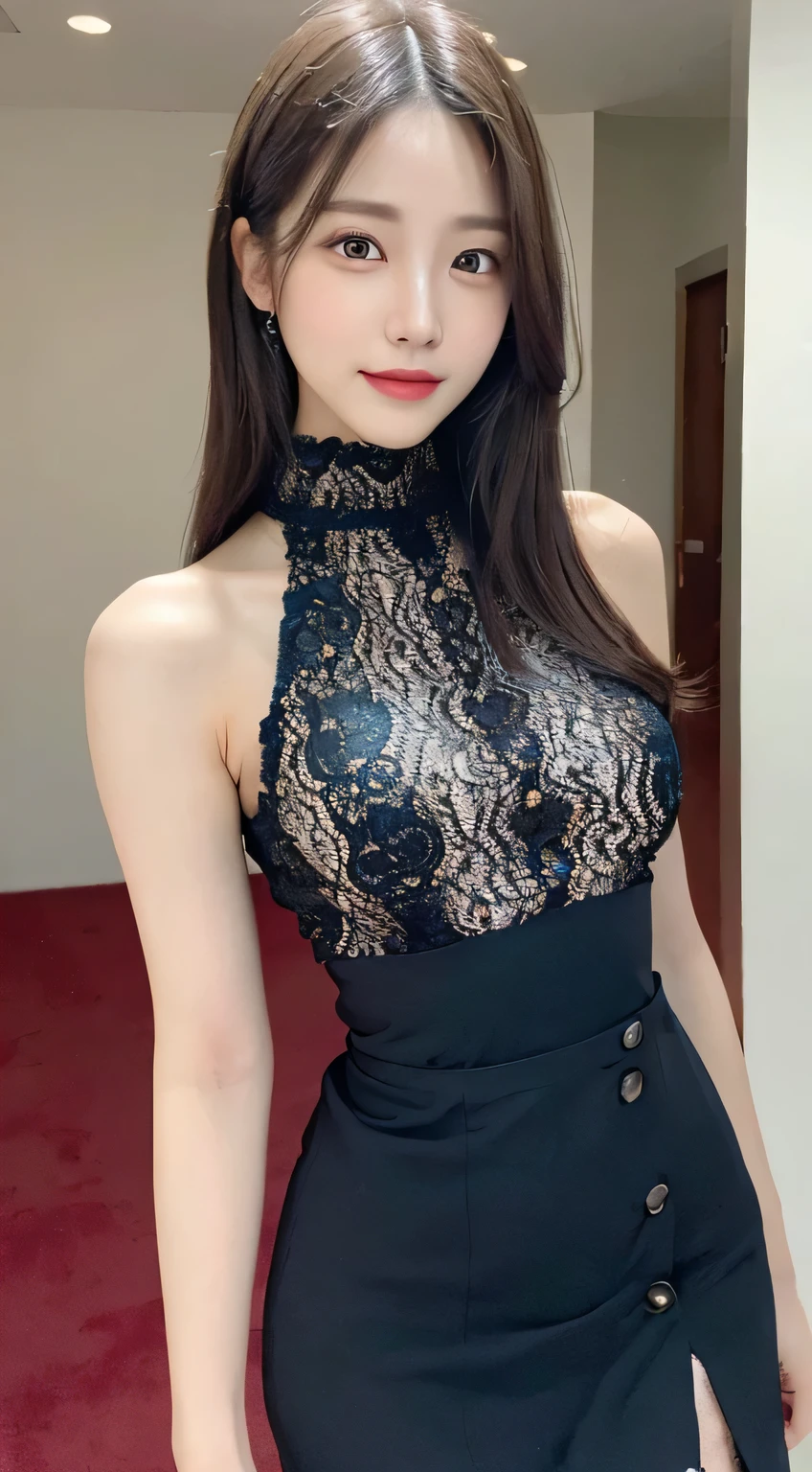 (High neck all lace costume、ample breasts、get sexually excited、take your legs out of the skirt、very thin waist)、(bold sexy pose,19 years old,no makeup)、(highest quality,masterpiece:1.3,ultra high resolution,),(Super detailed,caustics),(Photoreal:1.4,RAW shooting),ultra-realistic capture,very detailed,High resolution 16K resolution perfect for human skin、 natural skin texture、Skin tone looks even and healthy、 Use natural light and color、one woman,japanese girl,smile,cute,black hair,medium hair,(Depth of bounds written、chromatic aberration、wide range of lighting、natural shading)