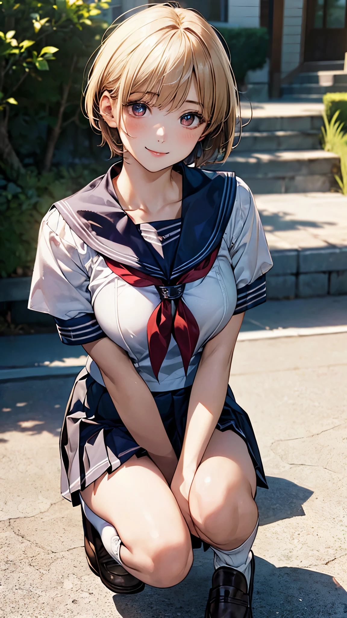Japan sailor suit, miniskirt, (squatting with legs open, (striped panties are visible), short silver hair, young, cute, beautiful girl, gigantic breasts, excited face, best body, stairs, turning around, looking at the viewer, 8K, very detailed, highest image quality, super high definition, masterpiece,