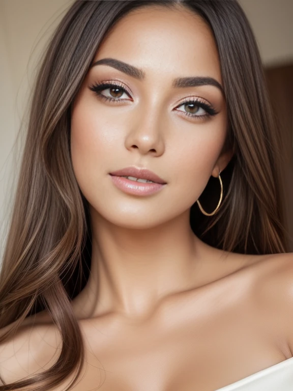 To imagine a charming and attractive makeup that highlights the beauty of your features and adds a touch of femininity and shine, I will use soft and warm colors for a natural and bright look, I'll start by applying a lightweight, moisturizing makeup foundation to even out skin tone and add a touch of radiance., Then I will use eye shadow and bronze colors to add depth and definition to the eyes, I will also choose bright shades in gold or bronze tones to give a touch of shine and shine, I will focus on defining eyebrows in a harmonious and natural way using eyebrow pencil and eyebrow shadows for a defined and attractive look, For eyelashes, I will use mascara to lengthen and thicken to highlight the beauty of the eyes, For the cheeks, I will use blush or light pink blush to add a touch of vitality and enthusiasm to the face, Finally, I will use natural lipstick or light pink to highlight the beauty of the lips and complete the overall look, (Realistic makeup), extremely realistic, 8k, Light and cool lighting, realistic photo, Cel shaded, Gel lighting, ultra-detail, Face with superior detail, realistic eyes, Realistic mouth, Realistic nose