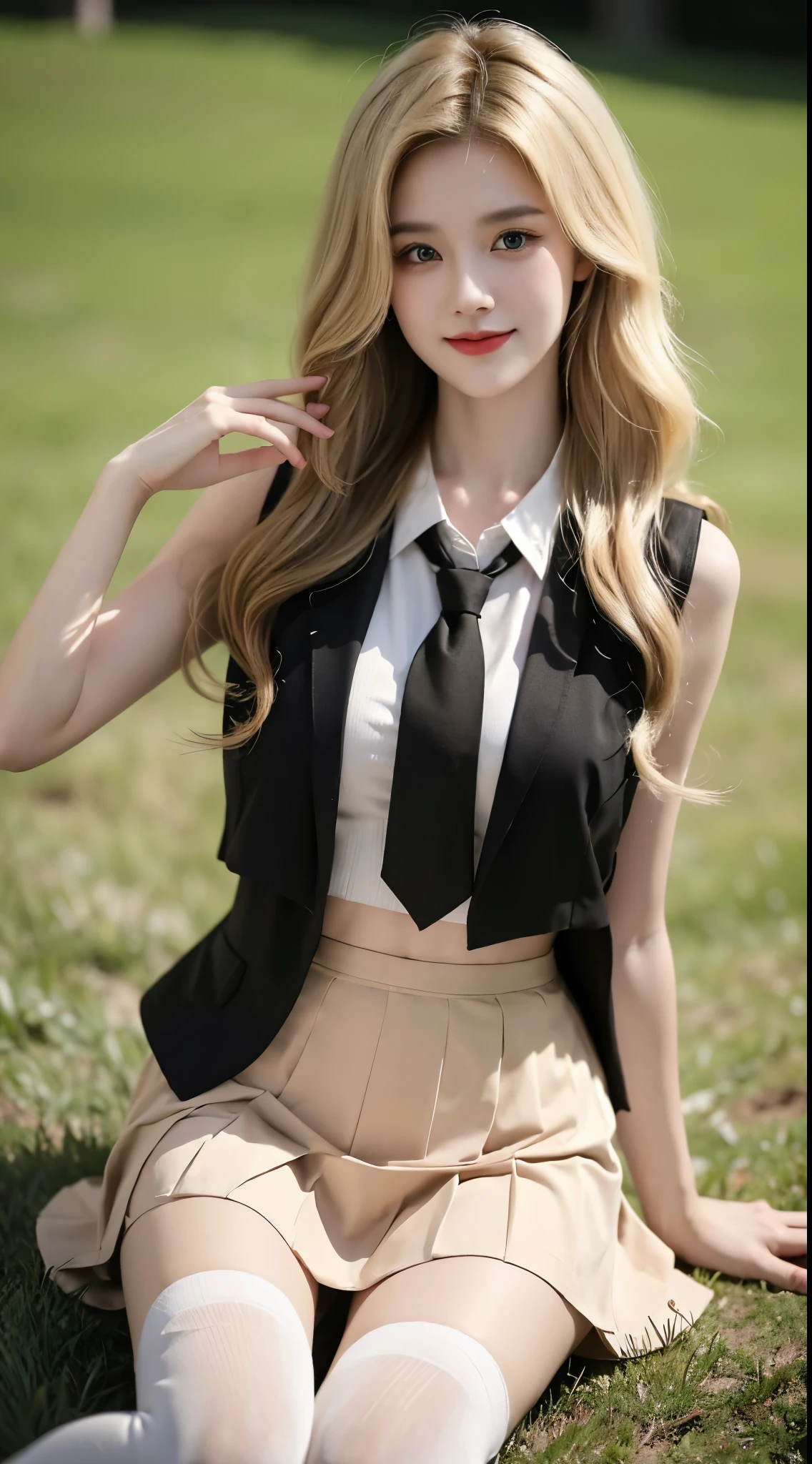 Special clothes52,pleated skirt,necktie,thighhighs, best quality,masterpiece,ultra high resolution,(fidelity:1.4),RAW photos,20-year-old sexy model, cute young girl, messy long hair,smiled shyly, curls, blond hair, Campus style, on a grassy field, 躺on a grassy field, Pose gracefully, Posing for photos, Random shooting angle, Surprising detail,The content is very detailed, smooth skin, Warm color palette