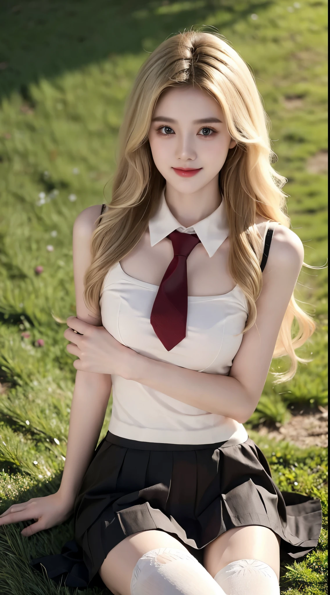 Special clothes52,pleated skirt,necktie,thighhighs, best quality,masterpiece,ultra high resolution,(fidelity:1.4),RAW photos,20-year-old sexy model, cute young girl, messy long hair,smiled shyly, curls, blond hair, Campus style, on a grassy field, 躺on a grassy field, Pose gracefully, Posing for photos, Random shooting angle, Surprising detail,The content is very detailed, smooth skin, Warm color palette