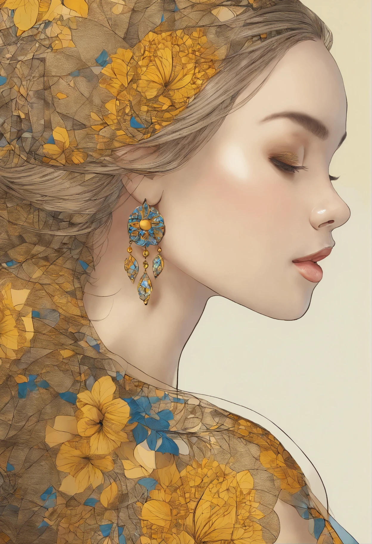 (1 girl、solo、From the side)、very detailed、(abstract background、zentangle、fractal art:1.4)、(Yellow theme、Colorful:1.1)、(wing、petal、licorice:1.3)、dynamic pose、earrings