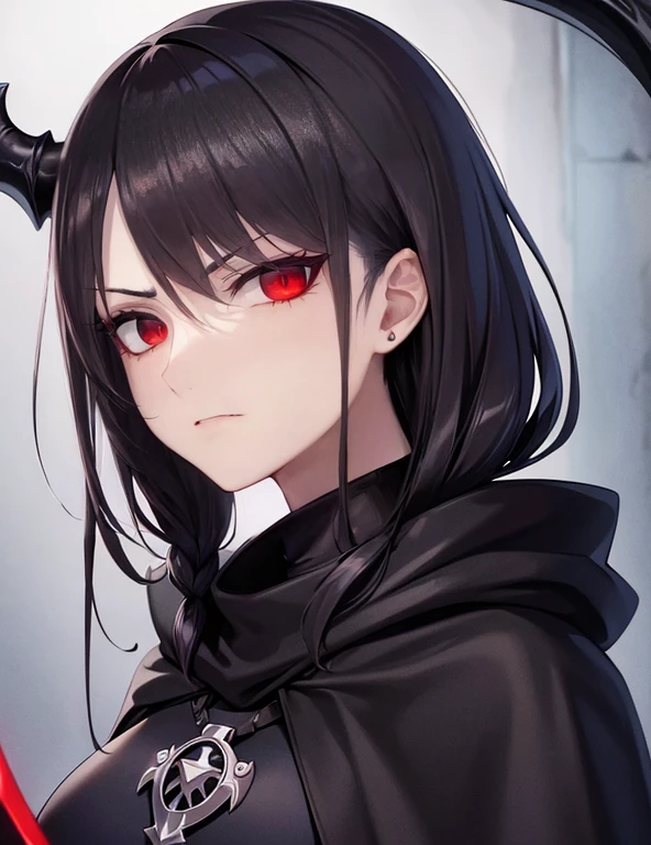 (Best quality, 4k, Masterpiece :1.3, 8k, ultra-detailed, ultra-masterpiece), mature pretty woman, ultra-detailed face, detailed lips, full lips, detailed eyes, double eyelid, Black hood, Hiding face, Glimpse of macabre smile, sinister, Dangerous girl, Hooded woman, (((Dungeon, Dark Dungeon, Dungeon Background))) villainous look, evil look, (((holding a scythe))), ((Red Eyes, black hair)), ((((Black cloak covering the body)))), full body view, (((tall girl))), ((Cold look, murderous look, expressionless, serious, indifferent, disgust))