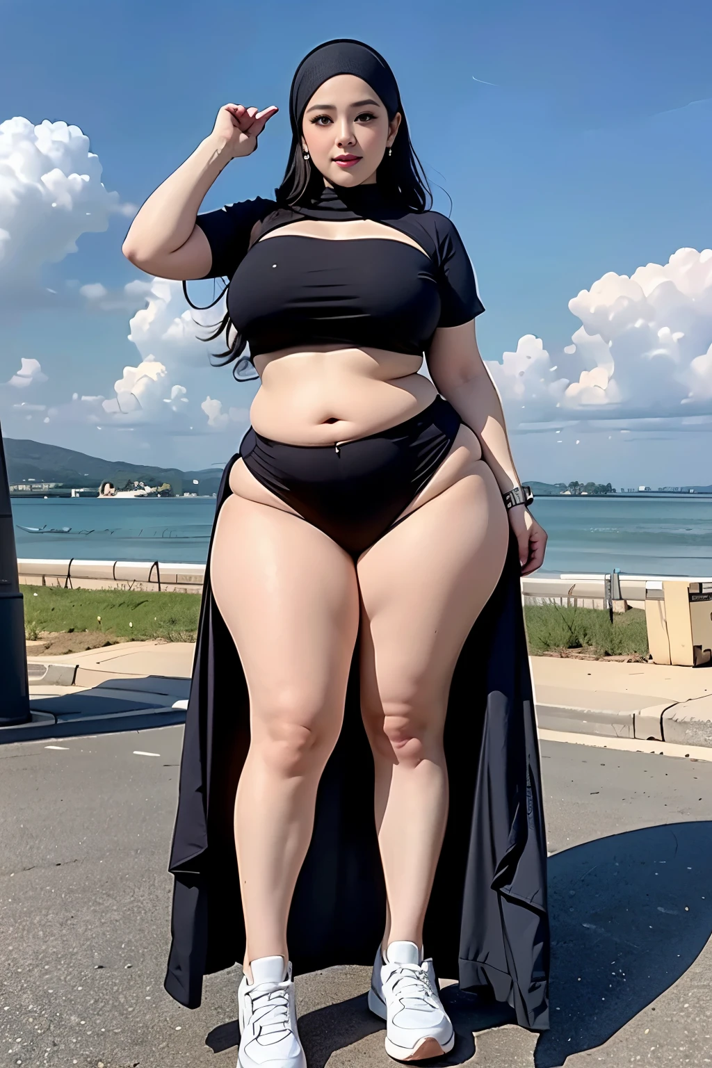 ((best quality)), ((masterpiece)), (detailed), perfect face, araffe woman in a long dress, thight skirt and hijab posing for a picture, thicc, thick body, bbwchan, beautiful thick female, curvy hourglass figure, thick, thick neck, soft curvy shape, curvy, voluptuous body, angelawhite, busty, curvy figure, she has a jiggly fat round belly, powerful and huge, full body, sneakers shoes