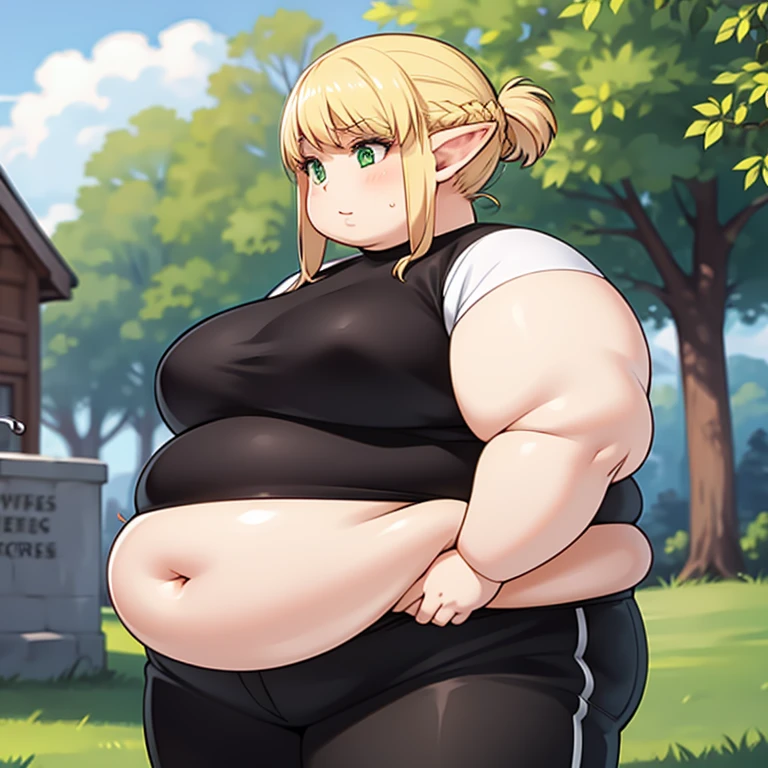 fat erufuda, short hair, pointy ears, obese elf, blonde hair, (green eyes:1.5), braid, chubby body, chubby belly, strong arms, thick thighs, very cute, profile picture, 4K