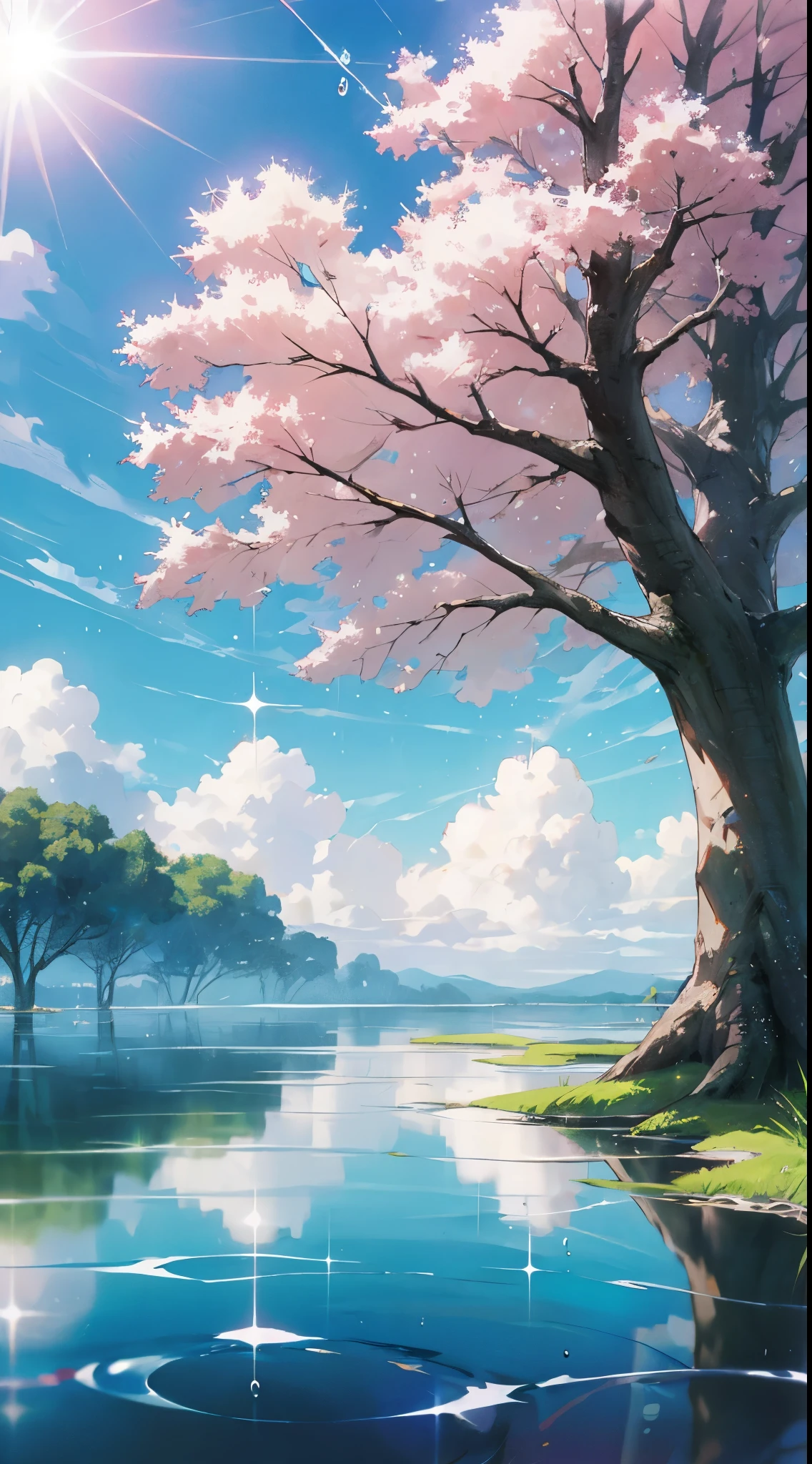 nohuman、Natural scenery of the Japan、rivulets、Sparkling water surface、Water droplets、The tree、Clear blue sky、Into the cloud、Sunlight、No humans