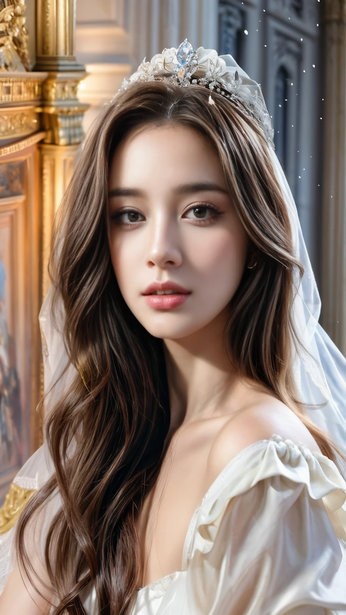 a painting of a woman with long hair and a white dress royal wedding, stunning portrait, expressive beautiful portrait, gorgeous face portrait, gorgeous woman, beautiful portrait, beautiful art uhd 4 k, very beautiful portrait, beautiful face portrait, painting of beautiful, gorgeous portrait, watercolor digital painting, stunning woman, stunning face, beautiful portrait of a woman, impossibly beautiful portrait