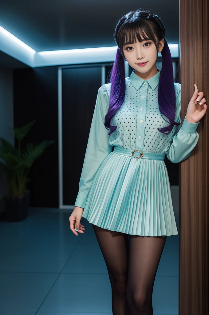 rainbow color hair, idol sculpture, With rainbow colored hair, ribbon in her hair, 18 year old female, Happy, With twin tails, Perfect symmetrical eyes, clear shining blue eyes, white skin, Silky smooth skin, Standing on top of a flashy, luxurious spaceship, big futuristic hallway, Control panel, wood trim, Decorative plants, warm lighting, wearing a futuristic party dress, pleats (shirt) mini dress (Pastel rainbow colors, and polka dots), wearing pantyhose all over, cute short cut boots.