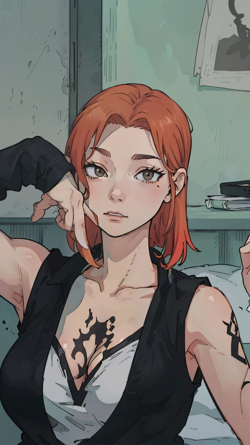 Estilo de jujutsu Kaisen, mulher, tatuagens, ruiva, franja, cabelo curto