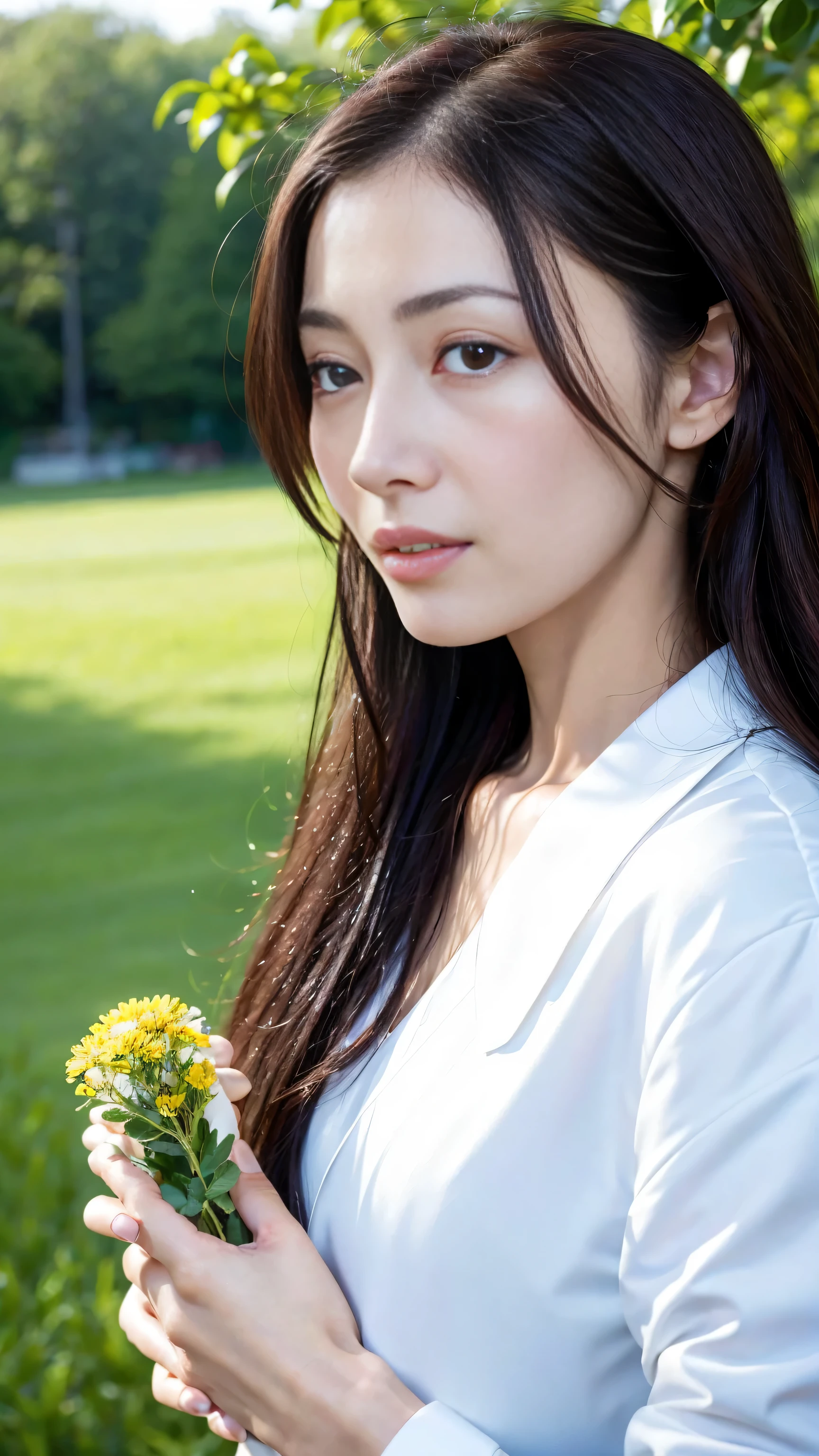 best picture quality,facial focus,soft light,ultra high resolution,(Photoreality:1.4),original photo,Highlight the valley Japanese girl,cute,(pupil,There is light in the eyes),Long face,Delicate and beautiful face,(Big ),(High-resolution detail of human skin texture),frolicking,cute的笑容,White casual wear,long hair,cow horn、leering、shiny skin、cute的笑容、In the straw of the prairie、 (portrait),(Detailed close-up of faces)