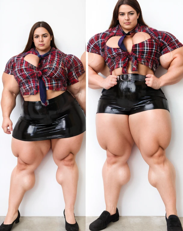 A large thick girl ,   wide hips, wide waist,  wide shoulders,  large torso ,  muscular biceps ,  Generate a full length  portrait of an overweight fat 12 year old Rhona Mitra, huge muscular pecs A heavily muscled iffb pro female bodybuilder,  latex Jowowha Womens School Uniform Cosplay Set Short Sleeve Shirt with Tie and Plaid Skirt Fancy Dress Cosplay Costume