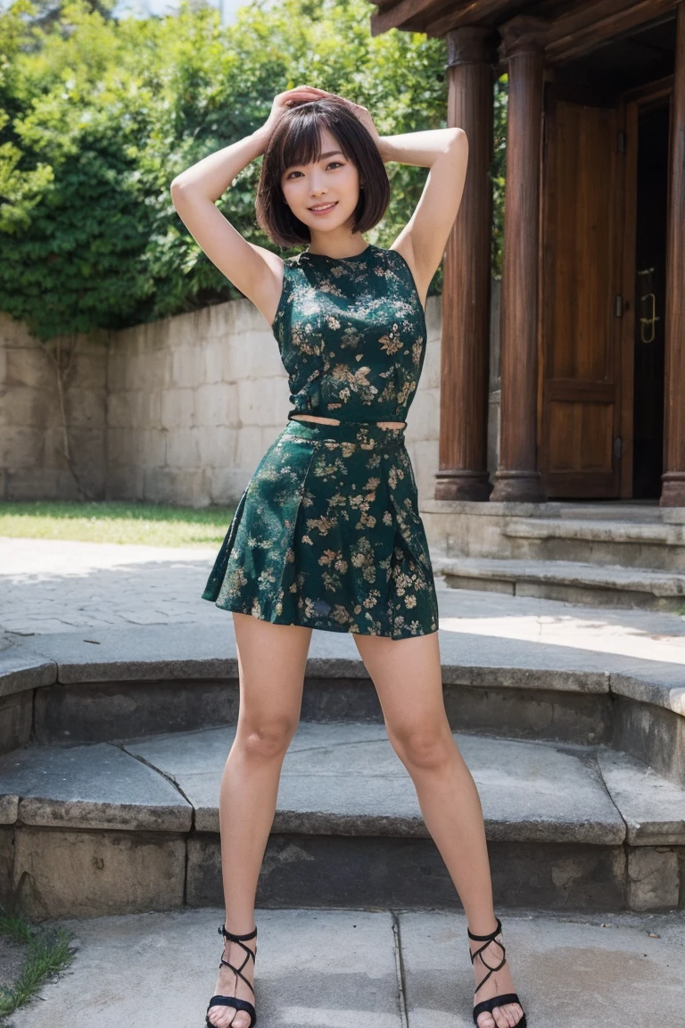 be familiar with,sharp lines,highest quality, masterpiece、ancient ruins、dark light、Canon Photo Crystal Clear ,(realistically:1.2), (Dark green floral pattern casual micro mini skirt dress)、action pose、Take a full body photo、lazy smile、glamorous figure、bob cut