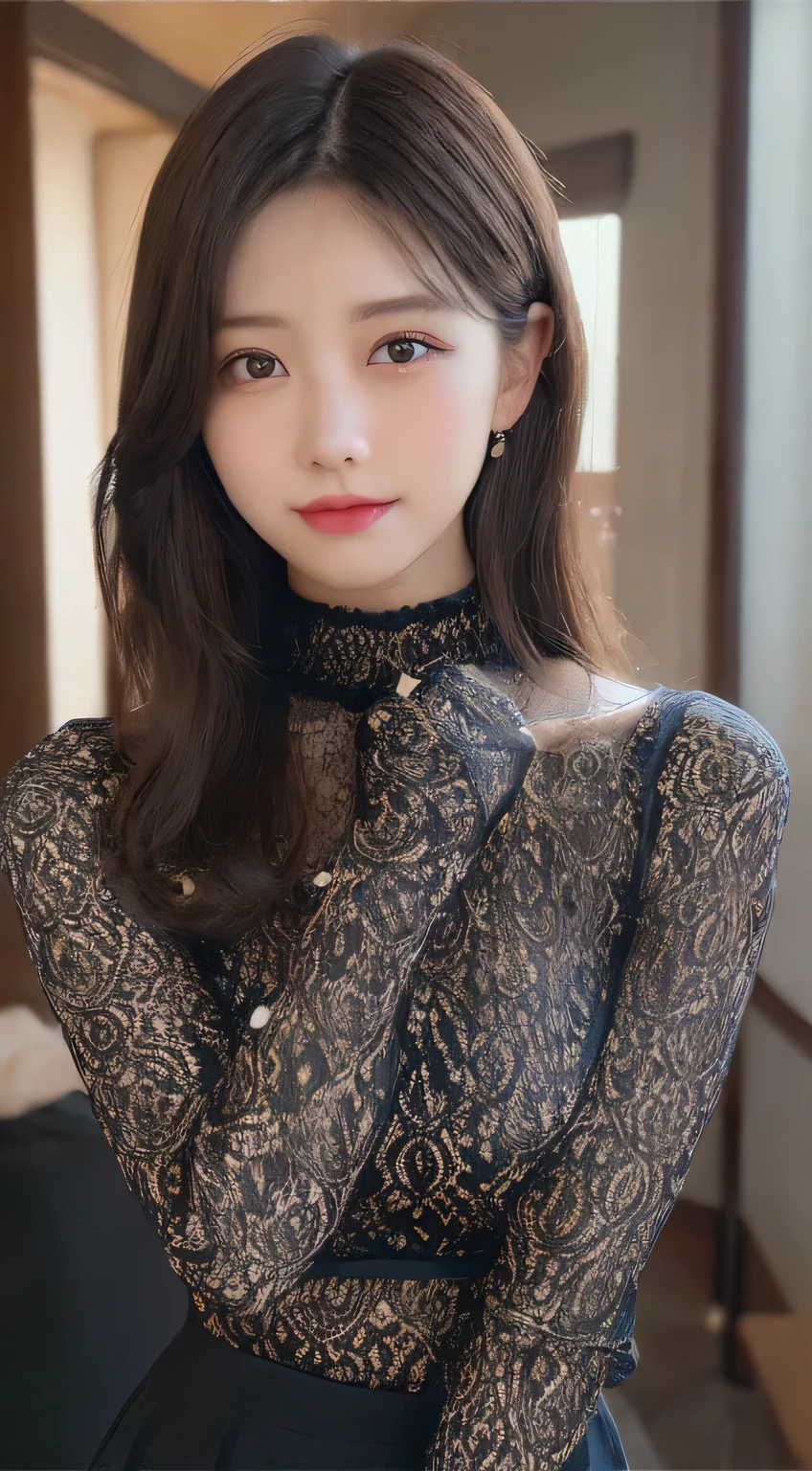 (High neck all lace costume、ample breasts、get sexually excited、take your legs out of the skirt、very thin waist)、(bold sexy pose,19 years old,no makeup)、(highest quality,masterpiece:1.3,ultra high resolution,),(Super detailed,caustics),(Photoreal:1.4,RAW shooting),ultra-realistic capture,very detailed,High resolution 16K resolution perfect for human skin、 natural skin texture、Skin tone looks even and healthy、 Use natural light and color、one woman,japanese girl,smile,cute,black hair,medium hair,(Depth of bounds written、chromatic aberration、wide range of lighting、natural shading)、small zipper