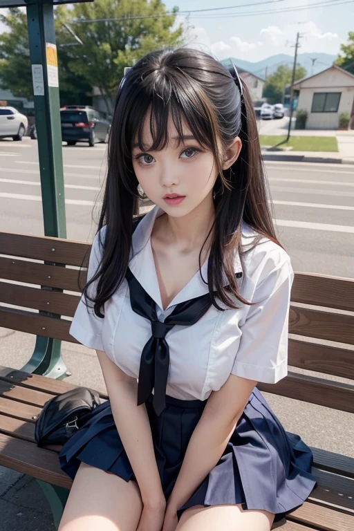 masterpiece, Highest quality, 8K, 85mm Portrait, Absurd, beautiful girl, (Super cute:1.5),, street, (school uniform, White shirt, Short sleeve), (Grey pleated mini skirt:1.5), (Dark grey tie:1.2), Long Hair, Slim body, Small shoulder width,Large Breasts,Large pelvis,neon, Natural Makeup, perspective, Depth of written boundary, Ultra-realistic, High resolution, photograph, Sharp focus, High resolution, Face Light, Dynamic Lighting, Most detailed, Very detailed, Super detailed, In detail, Real Skin, Delicate facial features,Big eyes,Big Eyes,I can see your beautiful thighs,(Shooting from knee to overhead),