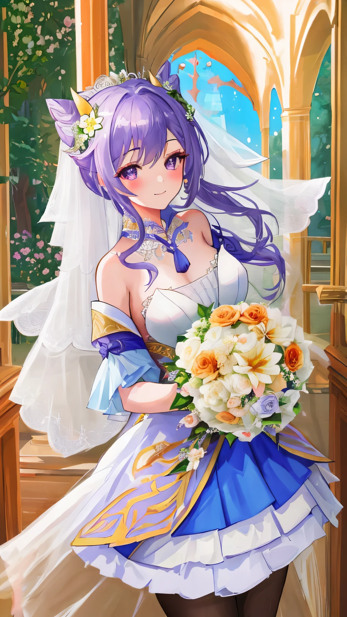 (highest quality,4K,8K,High resolution,masterpiece:1.2),super detailed,beautiful girl,enchantment,fascinating,cheerfulness,Sacred,magic effect, straight, smiling,face focus,((1 girl)), (,character_concentrated:1.1),silly dress, digital painting \(artwork\), bright eyes,panorama,alone,character concentrated.detailed background,(bride, Wedding dress, bouquet,:1.3)church