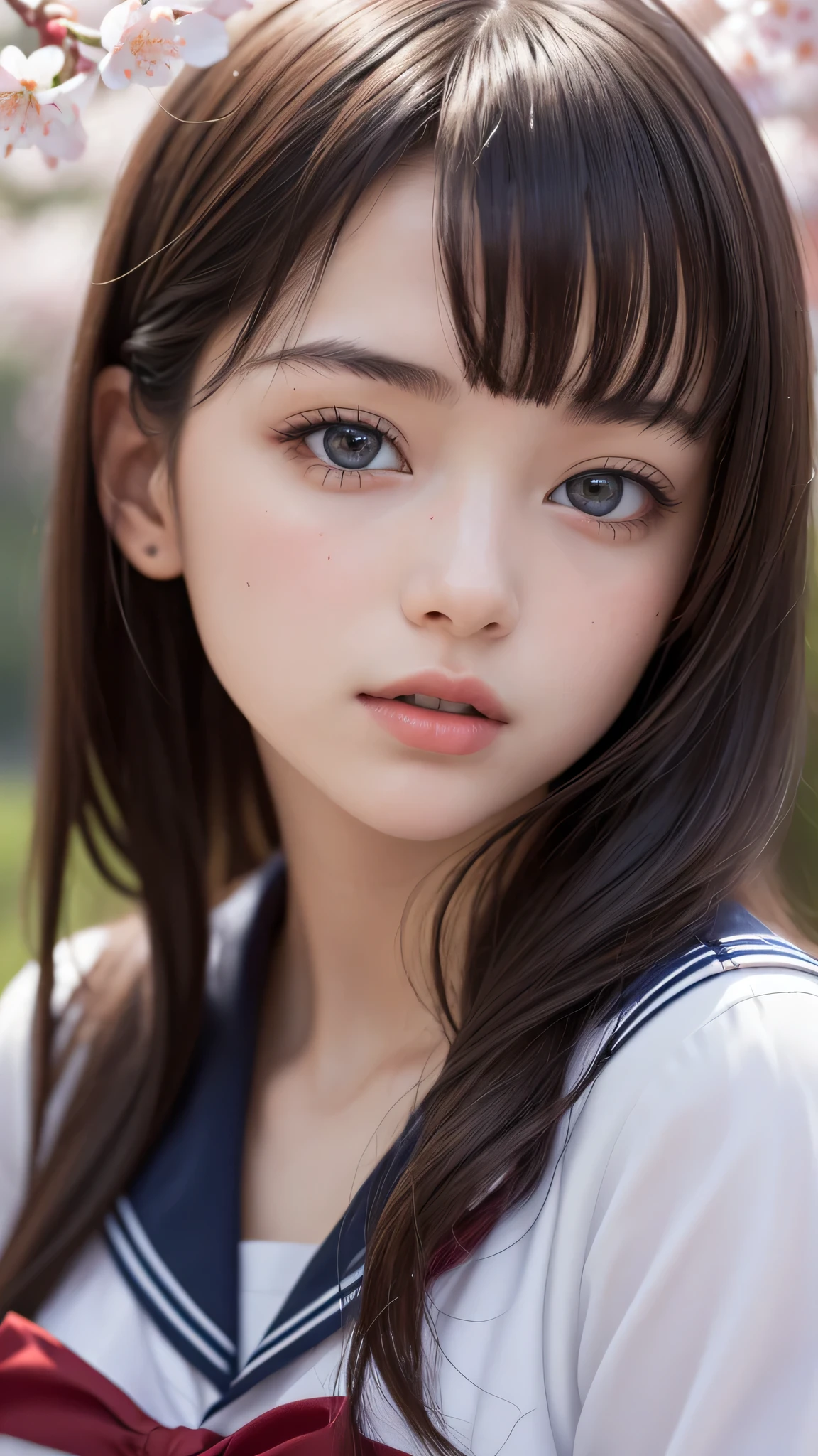 (1young girl), Amazing face and eyes, (amazingly beautiful girl), (Best Quality:1.4), (Ultra-detailed), (extremely detailed CG unified 8k wallpaper), Highly detailed, High-definition raw color photos, Professional Photography, sailor uniform, school uniform, School, Spring, cherry blossoms,