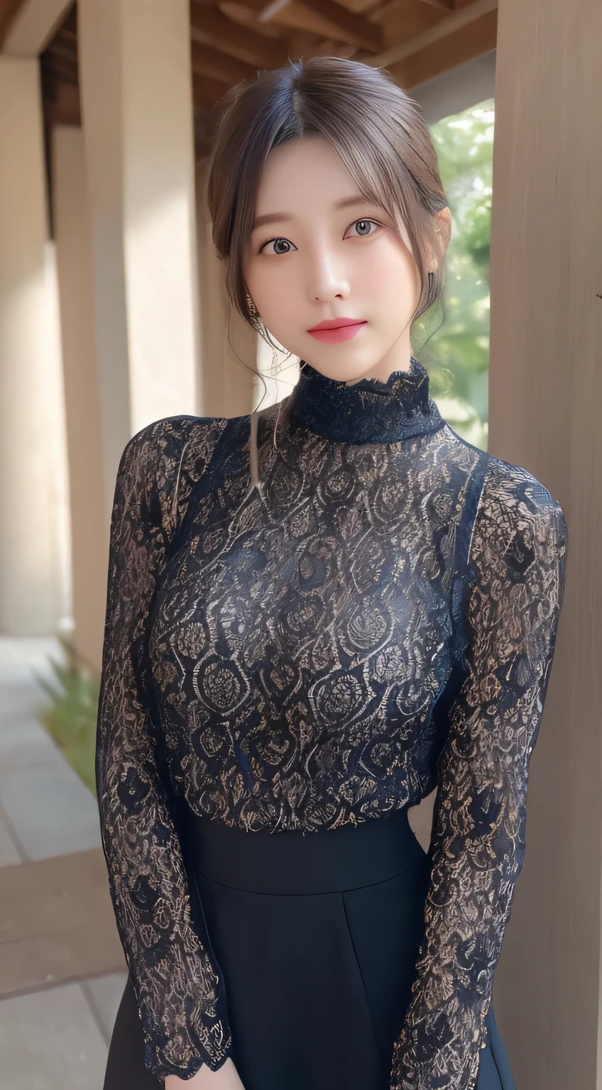 (High neck all lace costume、ample breasts、get sexually excited、take your legs out of the skirt、very thin waist)、(bold sexy pose,19 years old,no makeup)、(highest quality,masterpiece:1.3,ultra high resolution,),(Super detailed,caustics),(Photoreal:1.4,RAW shooting),ultra-realistic capture,very detailed,High resolution 16K resolution perfect for human skin、 natural skin texture、Skin tone looks even and healthy、 Use natural light and color、one woman,japanese girl,smile,cute,black hair,medium hair,(Depth of bounds written、chromatic aberration、wide range of lighting、natural shading)