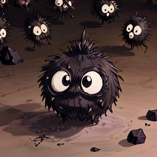 several highly detailed coalSprite dancing around a candle. soot sprite creature birthday party.  Ghibli style, coal 