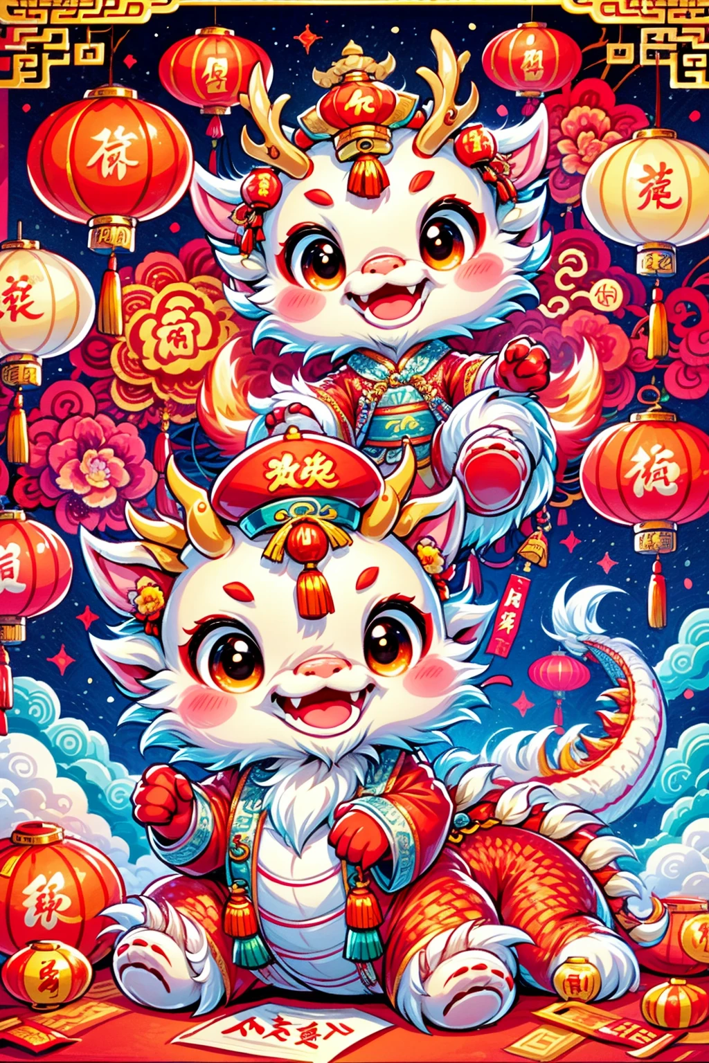 Cute Chinese Dragon,(摄影: 1.3), Create a 3D-rendered, Pixar-style illustration of a Chinese dragon sitting on the ground, wearing a Chinese God of Wealth hat and dressed in traditional Chinese attire. The ground is abundantly covered with red envelopes and gold coins, surrounded by various Chinese New Year festive items. The background depicts a joyous and festive Chinese New Year atmosphere, including traditional Chinese architecture, fireworks, firecrackers, lanterns, and Spring Festival couplets. The dragon has a joyful and happy facial expression.