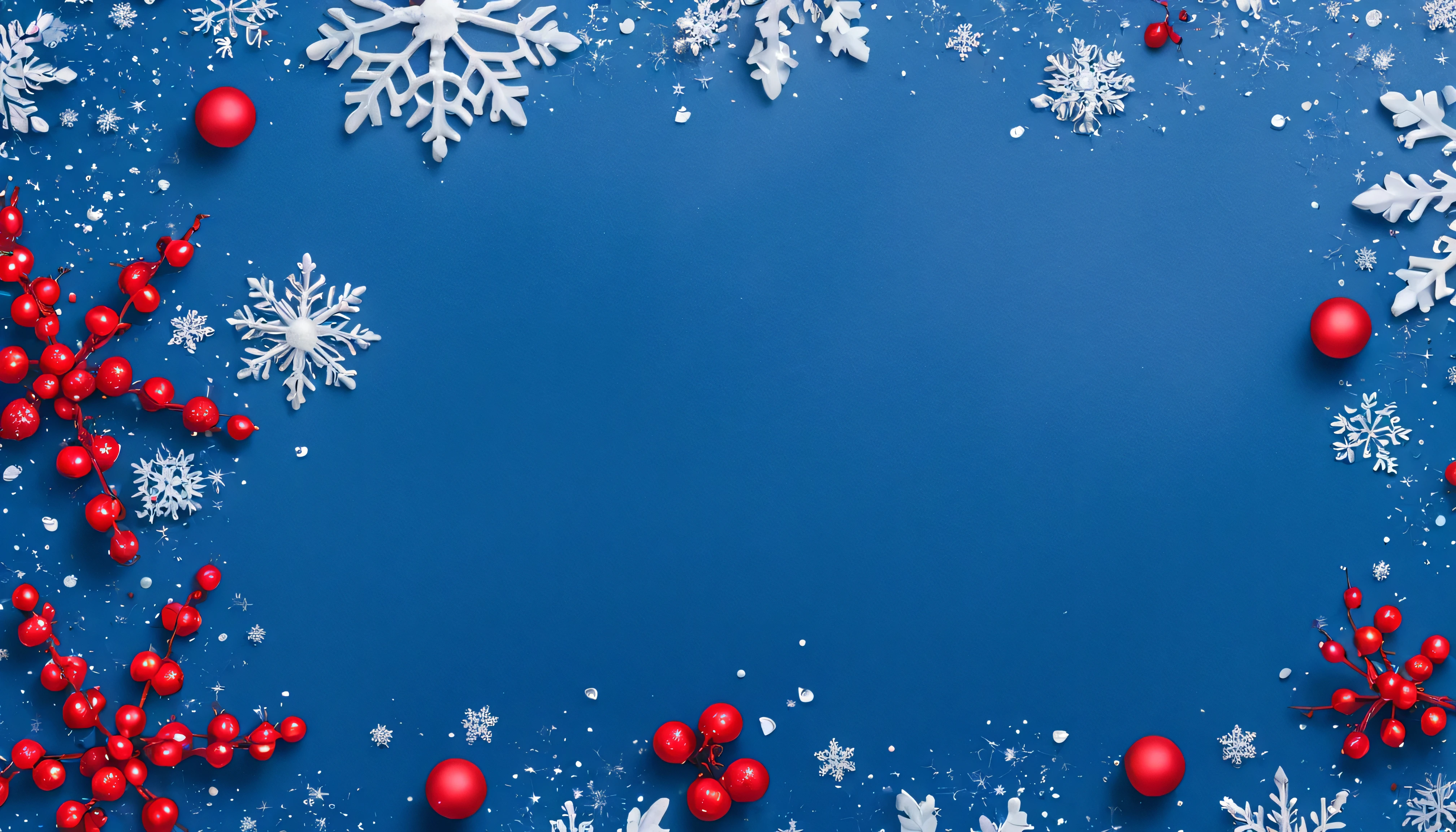 there is a blue background with snowflakes and red berries, holiday season, snowflakes, snowflakes falling, wrapped blue background, on a canva, solid background, with a blue background, decorations, instagram post, background image, holiday, red and blue color theme, ad image, on simple background, blue colors with red accents, solid color background intricate, snow flurry