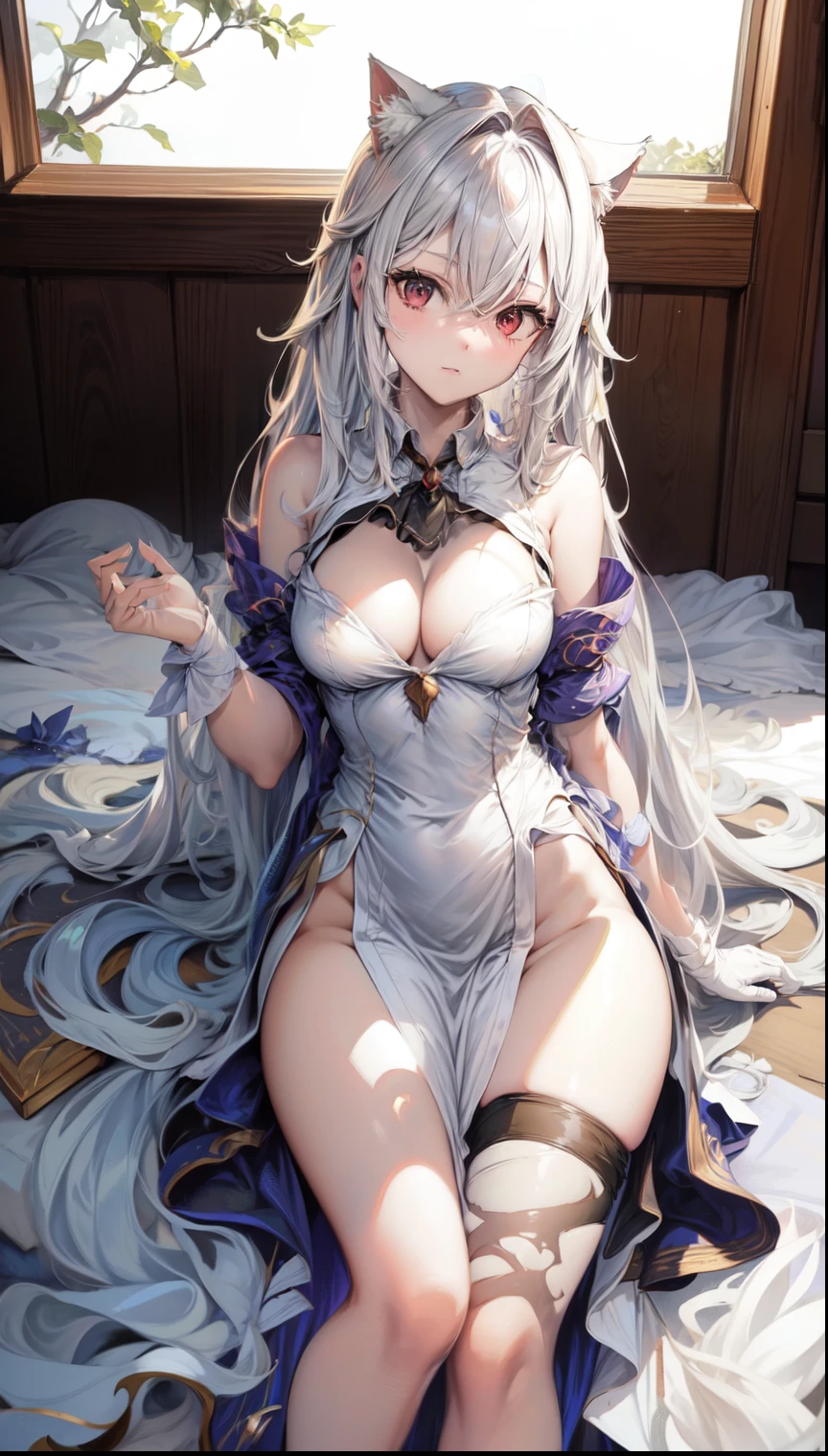 best quality, ultra detailliert, 4k anime girl, anime - style image of a woman with long white hair and a cat ears, wavy hair, perfect white haired girl, ocean blue eyes, face cute, perfect fingers, slim toned body, perfectly proportions, full body, undress, without clothes, naked, stark-naked, seductive anime girl, small curvaceous, large breasts, beautiful breasts, cleavage of the breasts, angle to show off breasts, show off nipples, bedroom background, trending on artstation pixiv, azure lane style