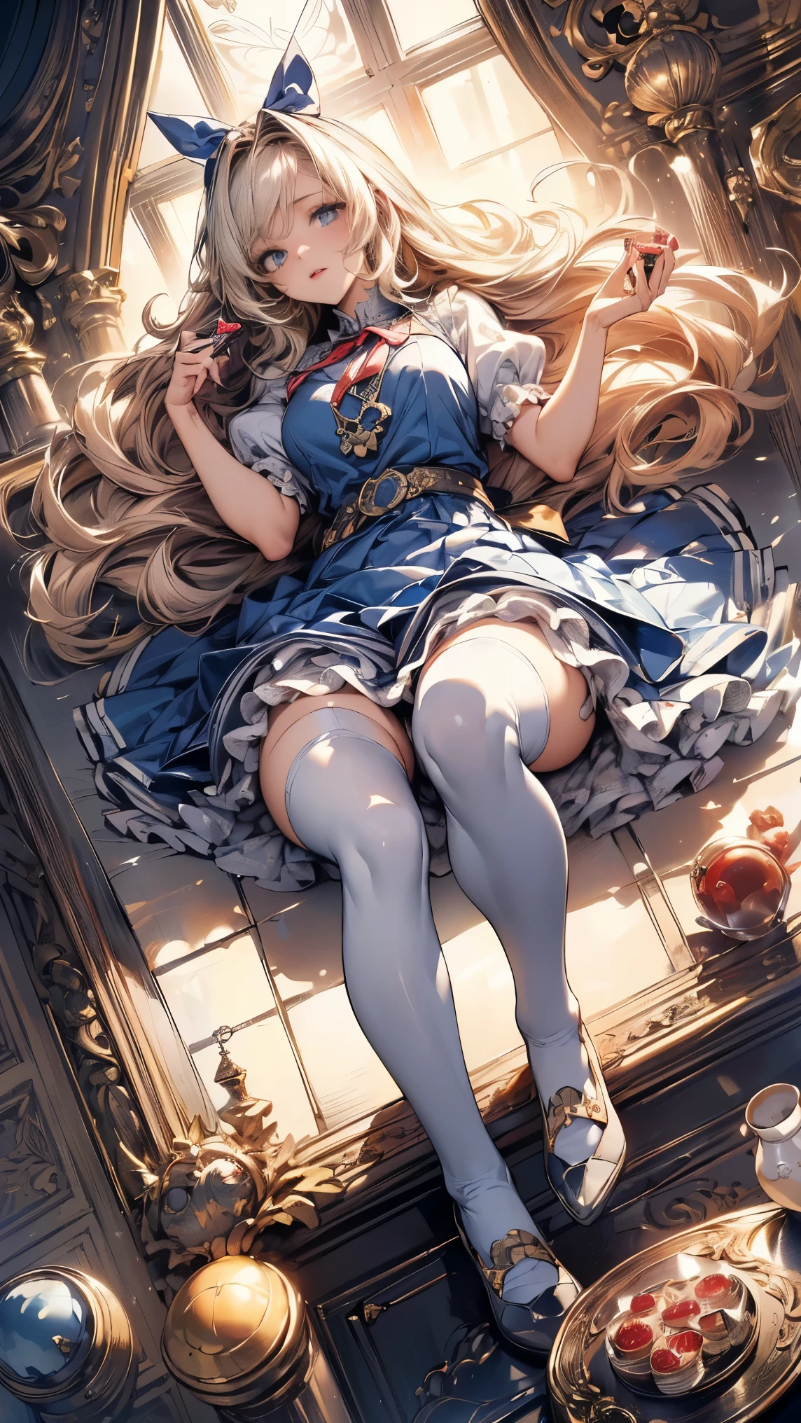 (master piece, high-quality, Mystical, Beautifully Aesthetic, ideal ratio of body proportions, image art, Impresionism), (ultra high resolution, 8K RAW photo, photo realistics, natural lighting, textile shading), (1 cute girl:1.3, solo:1.5, milf:1.1, nsfw:1.25, full bodiEsbian), (Fractal), shinny skin, ((alice in the wonderland:1.2, a girl floating in air:1.35, surprising, little opening mouth:1.3, putting a hands on crotch over the skirt:1.2)), ((PlayingCards, Trump, tea cup, tea pot, tea spoons, pocket watch:1.3, big mirror, lip sticks, candies, cookies, jam bottles, keys,)), cuty anime white rabbit, ((NavyBlue dress :1.5, a fluttering flair skirt, White Apron, white stockings)), (medium long platinum-blonde, tied hair with a ribbon), (Blue eyes, bright pupils with highlights, detailed eyes), (lying down on your back:1.2, leaning forward:1.2, spreading legs with rising up legs:1.3), ((dutch angle:1.5, full body:1.3, crotch focus, from below:1.2)), cinematic image board, Exotic wallpapers, colorful image, fantastic art, fantasy images:1.5, ((correct anatomy:1.5, perfect anatomy:1.3, correct hand)),