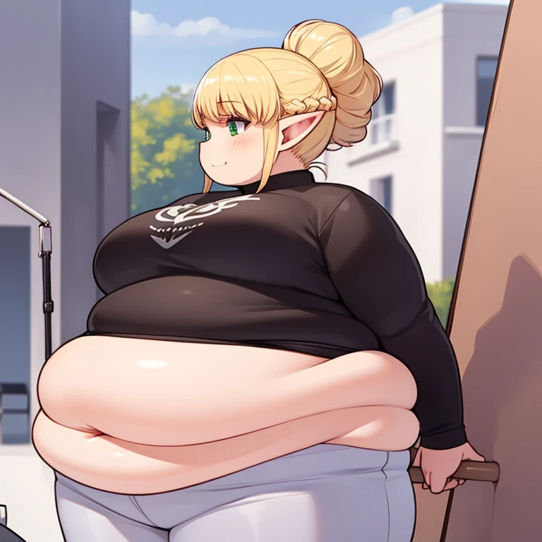 chubby erufuda, short hair, pointy ears, obese elf, blonde hair, (green eyes:1.5), braid, chubby body, smile, hot, chubby belly, thick thighs, very cute, profile picture, 4K