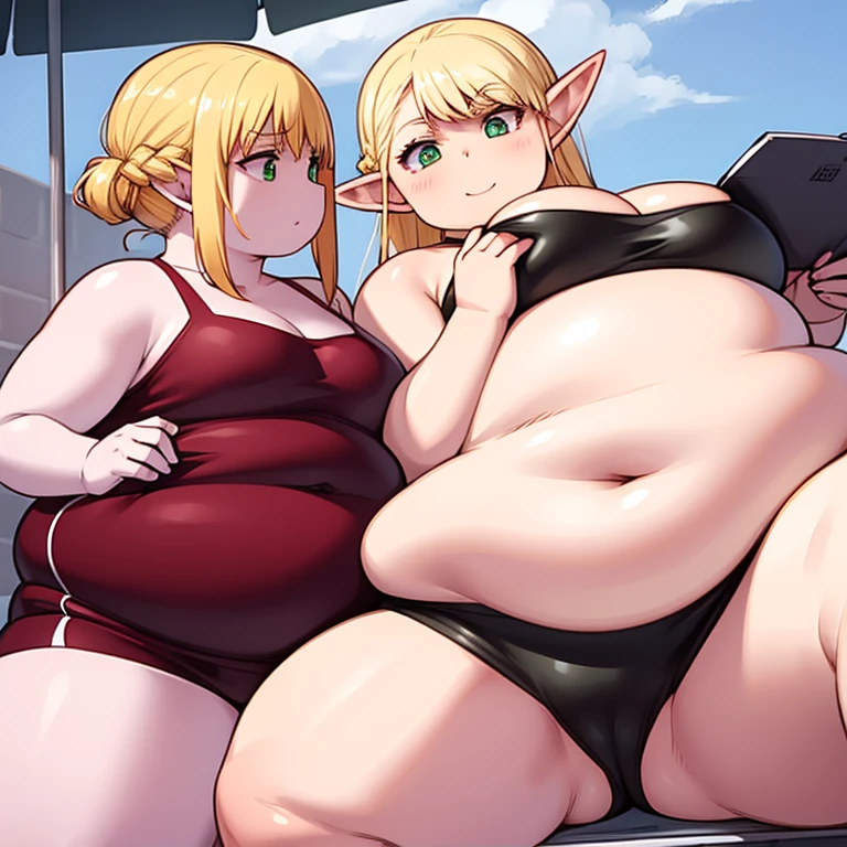 chubby erufuda, short hair, pointy ears, obese elf, blonde hair, (green eyes:1.5), braid, chubby body, smile, hot, chubby belly, thick thighs, very cute, profile picture, 4K