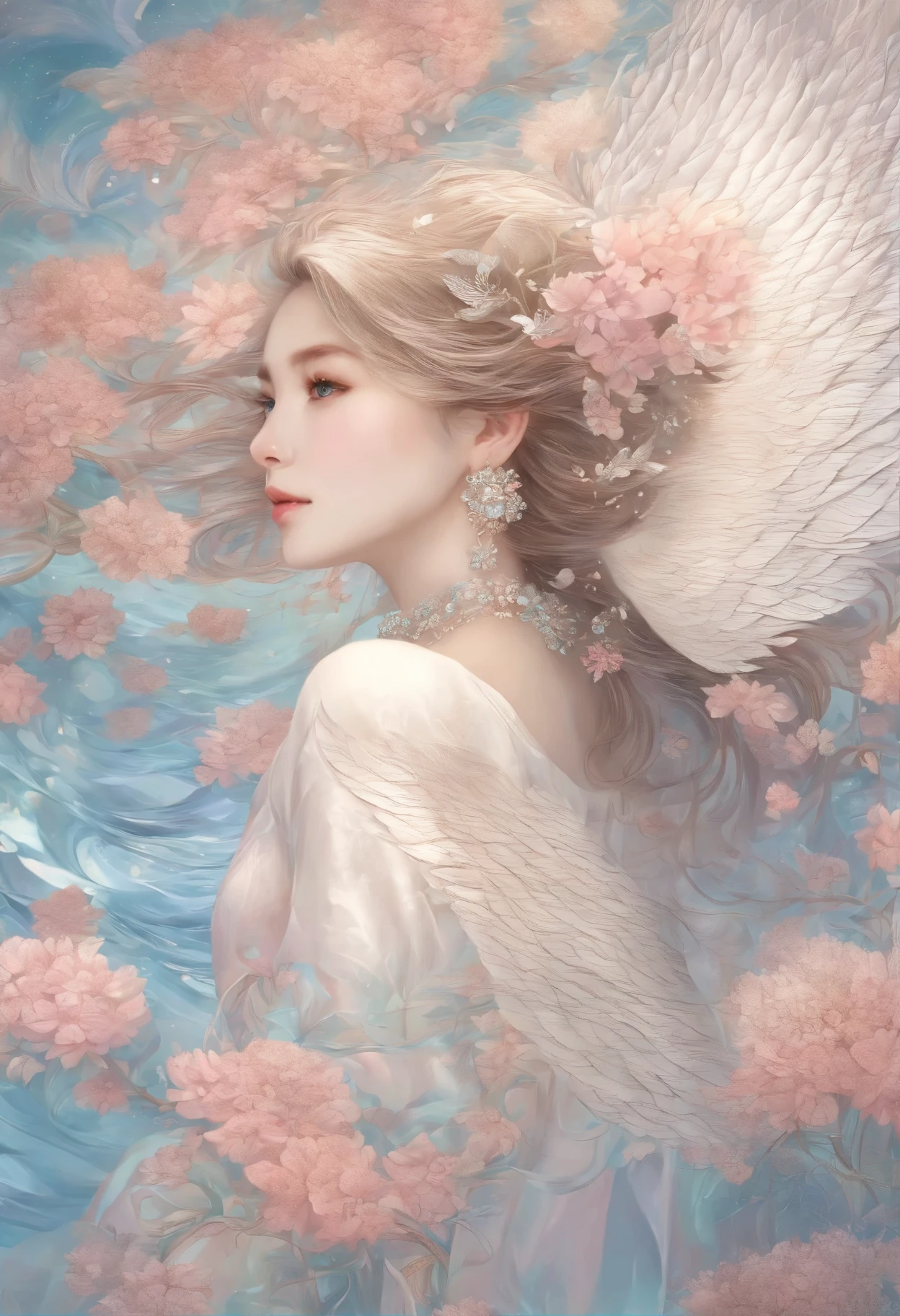 (1 girl、solo、From above)、beautiful eyes、very detailed、(抽象的なWaveの背景、zentangle、fractal art:1.4)、(Pastel Colors theme、Colorful:1.1)、(Wave、wing、petal:1.3)、dynamic pose、earrings