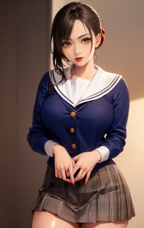 1girl, 刘海, black_choker, black_hair, blue_sailor_collar, blue_skirt, bush, choker, collarbone, day, 耳环, flower, jewelry, lips, looking_at_viewer, outdoors, plant, 百褶裙, potted_plant, road, sailor_collar, school_uniform, serafuku, shirt, short_hair,短袖,坐着,裙子,微笑,独奏,楼梯,