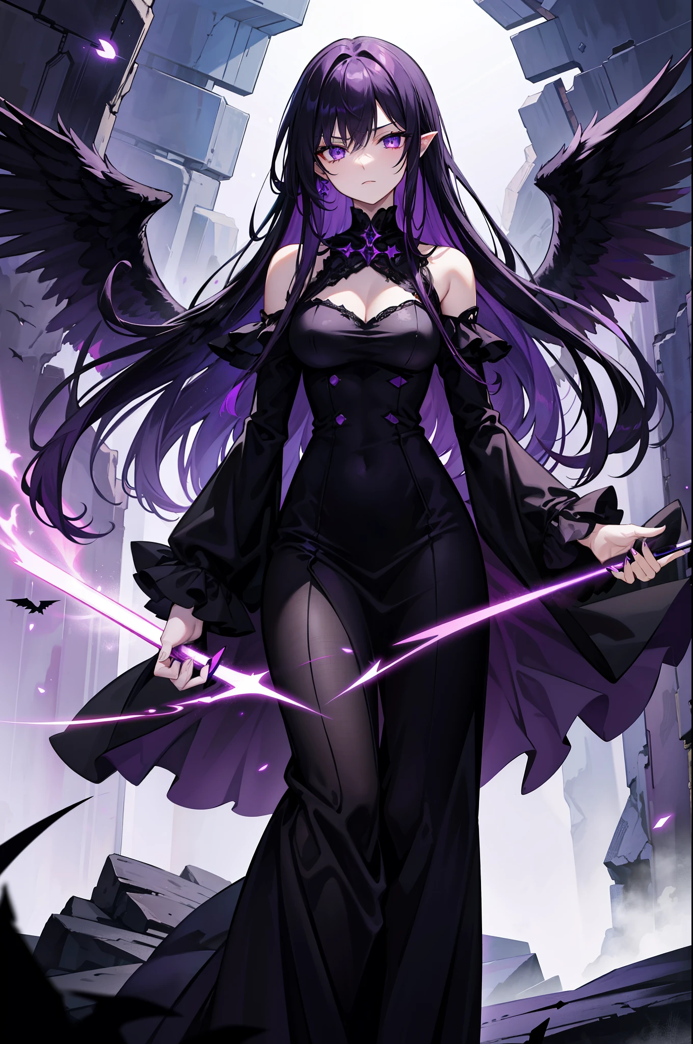 Long very dark purple hair, dark purple eyes, imposing menacing expression, black dress with star lights in it, black angel wings, standing on a cliffside