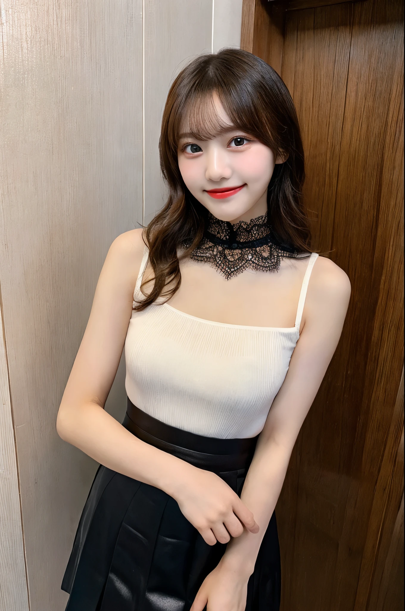 ulzzang-6500-v1.1, (RAW photo:1.2), (realistic), beautiful detailed girl, (genuine: 1.4), very detailedな目と顔, beautiful and fine eyes,  (strapless blouse, Black lace skirt, super realistic pantyhose:1.2, black choker)、 (very affectionate smile:1.3)、huge file size, High resolution, very detailed, highest quality, [masterpiece:1.6], An illustration, very detailed, ticker, small details, highest quality, 8k wallpaper, movie lighting, 1 girl, 17 years old, perfect body shape, cute droopy eyes beautiful big eyes、((muste piece)), highest quality, 1 girl, eye shadow,  ((full body shot:1.5))、