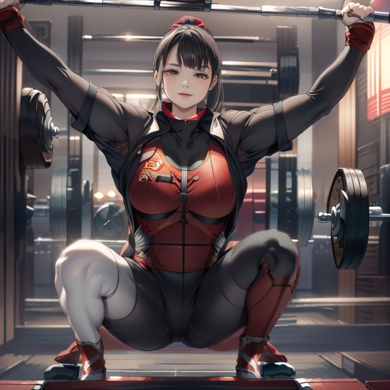 「highest quality、masterpiece、An illustration、very delicate and beautiful、very detailed、cg、8k wallpaper、wonderful、small details、masterpiece、最高の究極の芸術very detailed cg Unity 8k wallpaper」、(((little Japanese girl)))、(((huge breasts 1:1)))、(((Super Big 1:2)))、(((black hair)))、(((ponytail)))、((((Black and red bodysuit))、(((weightlifting)))