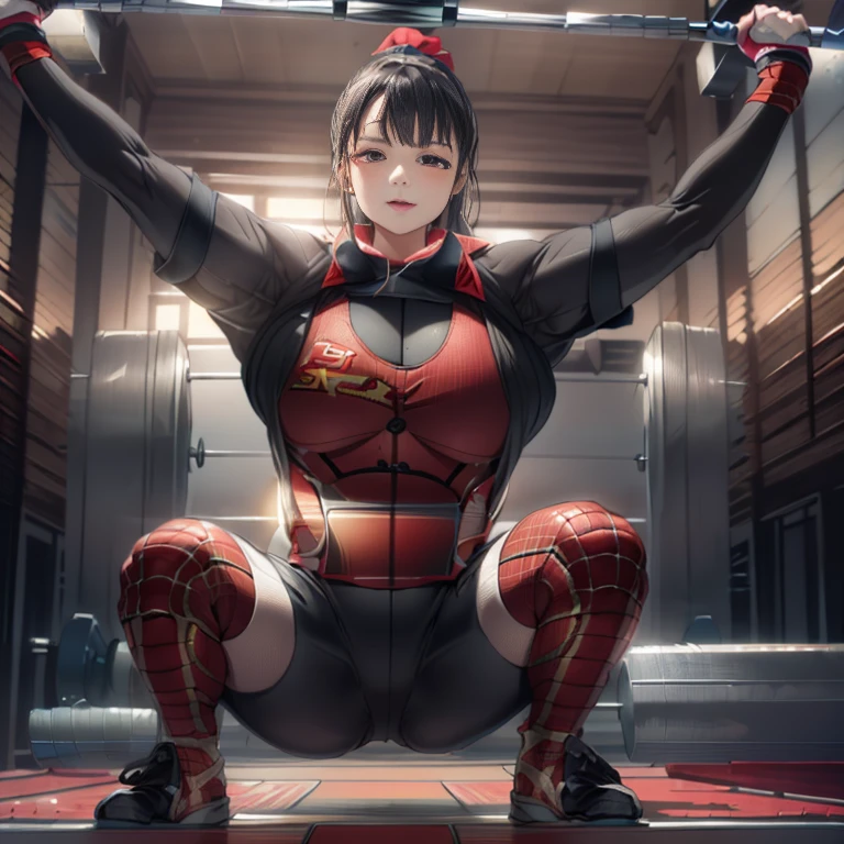 「highest quality、masterpiece、An illustration、very delicate and beautiful、very detailed、cg、8k wallpaper、wonderful、small details、masterpiece、最高の究極の芸術very detailed cg Unity 8k wallpaper」、(((little Japanese girl)))、(((huge breasts 1:1)))、(((Super Big 1:2)))、(((black hair)))、(((ponytail)))、((((Black and red bodysuit))、(((weightlifting)))