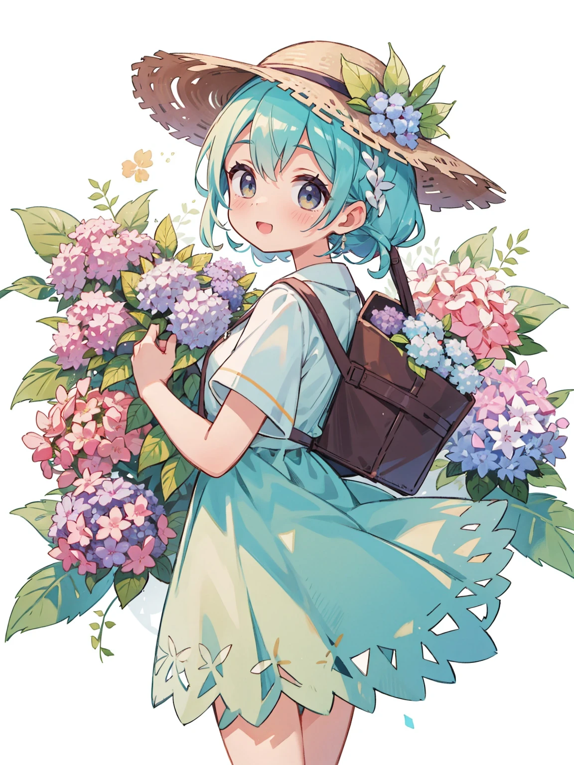 (melhor qualidade, obra de arte),ensolarado，Lente larga，(Cabelo castanho longo)， bonita animada com cabelo castanho longo，with a straw hat，Um grande sorriso，vestindo uma camiseta laranja，Holding a bouquet of hydrangeas，There are a lot of hydrangeas around，Full of hydrangeas，colorida