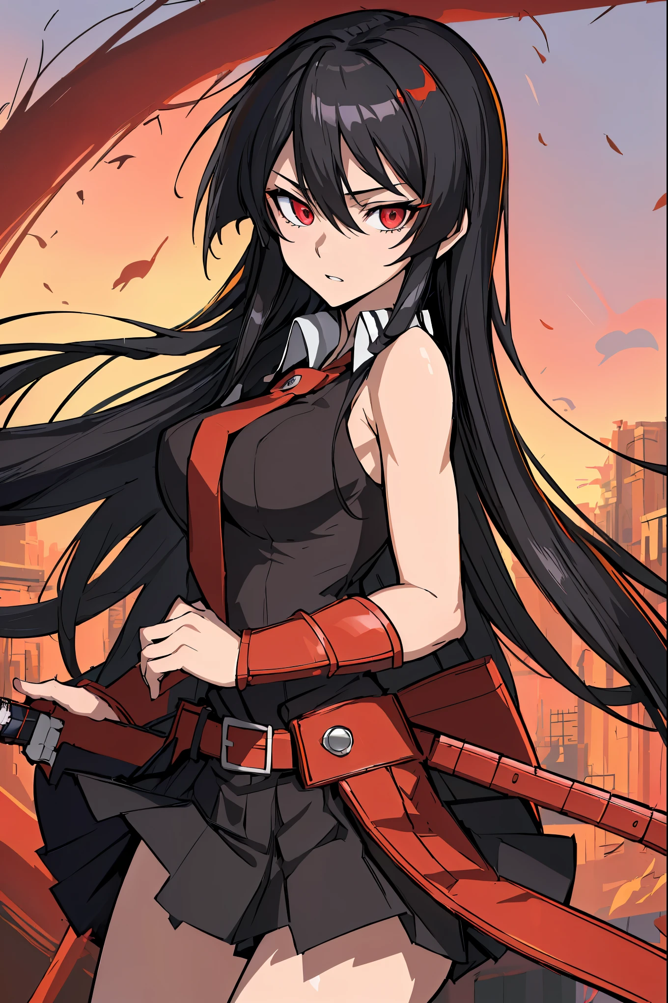 (absurdres, 8k, 4k, masterpiece, hyper extreme detailed:1.2), ((masterpiece,best quality)), absurdres, anime, character, woman, girls, akame ga kill, akamegakill
akame, long hair, black skirt, black clothes, pleated skirt, belt, red eyes
sword, katana, sheath