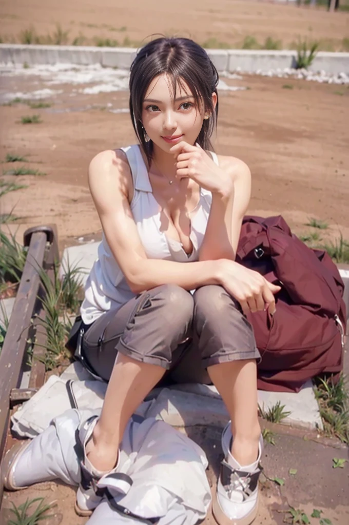 (Japanese idol, 1 girl, unparalleled beauty, big smile, small face, perfect style, Body based on human mechanics, Raw photo, real person:1.4) photograph, (professional lighting), (((highly detailed eyes and face))), ((double eyelids)), (Tits sharp focus:1.4), (black hair, all back, elegant light makeup, eyeliner, mascara:1.4), huge , shiny skin, 20-year-old, ((slim body, slender)), (Tank top, Seven-part pants, I can see the cleavage, outdoor, sit on the ground, Beautiful leg lines, Tifa Lockhart lookalike:1.4), attractive face, NSFW, ,