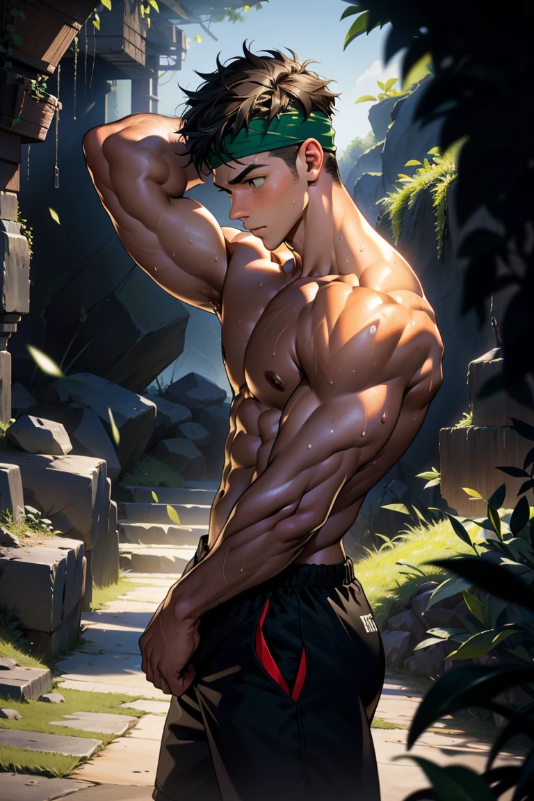 (Masterpiece, Best quality, 18 year old boy, 8k, ultra-detailed, (bust shot)), (from side below, looking away, worm eyes, thin lips), (1 boy, solo), Young, (teenager), (Dark Short straight hair, under cut, black eyes), Shirtless, , (torn Green headband), (Depth of field:1.2), (Abs, , upper arms), ( male), man with martial arts stance, athretic body, (background: inside caves, night), sweat